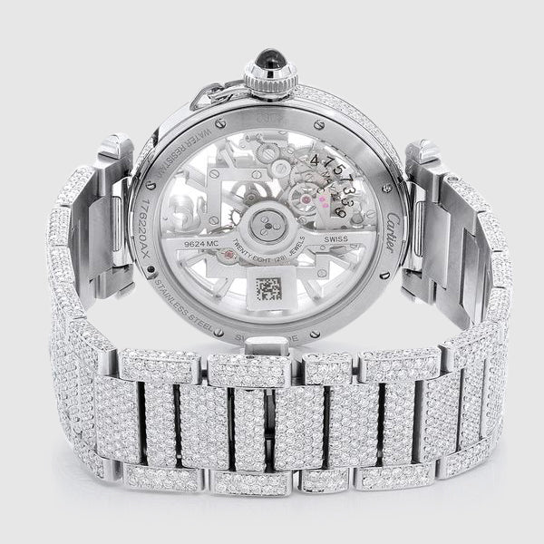 Iced Out Ballon de Cartier Skeleton 41mm Stainless Steel Watch 28.7ct. | Uverly
