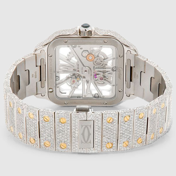 Iced Out Cartier Santos Skeleton 40mm Two Tone Diamond Watch