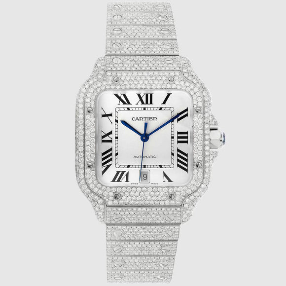 Iced Out Santos de Cartier 40mm Stainless Steel White Dial Watch 20.2ct | Uverly