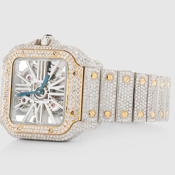 Iced Out Cartier Santos Skeleton 40mm Two Tone Diamond Watch
