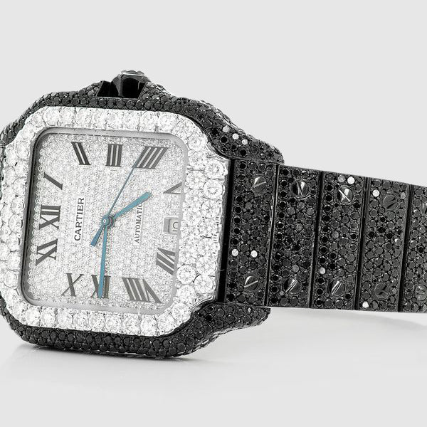 Iced Out Cartier Santos 40mm Black Diamond Watch 23.5ct. | Uverly