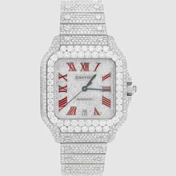 Iced Out Santos de Cartier 40mm Stainless Steel Red Dial Watch 23.5ct | Uverly