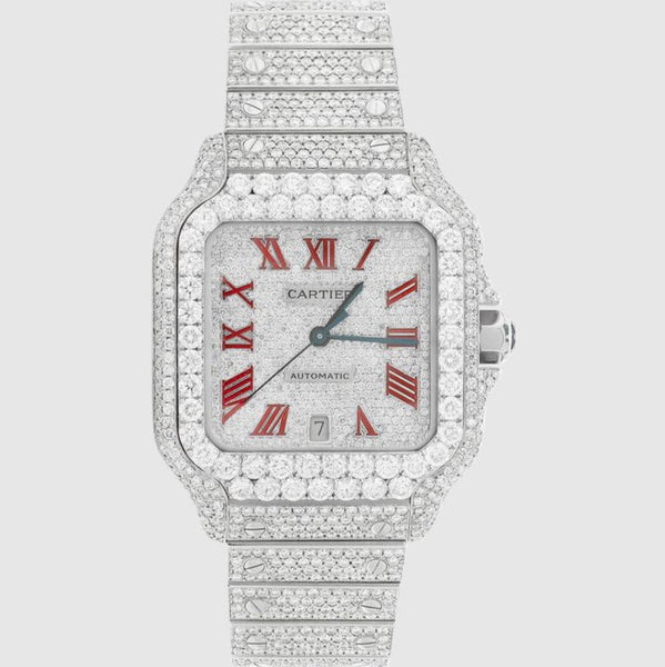 Iced Out Santos de Cartier 40mm Stainless Steel Red Dial Watch 23.5ct | Uverly