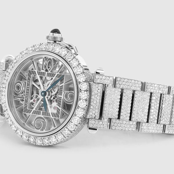 Iced Out Ballon de Cartier Skeleton 41mm Stainless Steel Watch 28.7ct. | Uverly