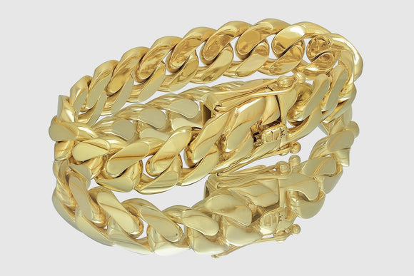 17mm Solid Miami Cuban Bracelet 10k / 14k / 18k / 22k Yellow Gold| Uverly