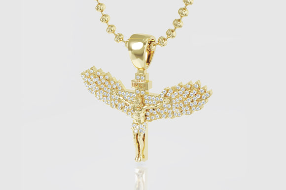 3d Jesus Cross With Wings Diamond Pendant in 14k/18k Yellow Gold | Uverly