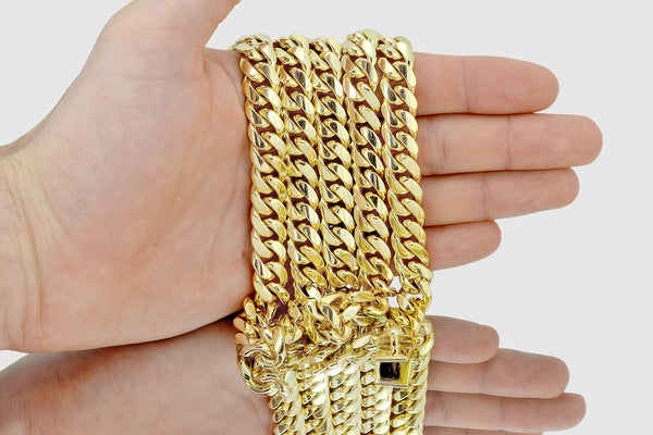 12mm Solid Miami Cuban 10k / 14k / 18k / 22k Yellow Gold Necklace | Uverly