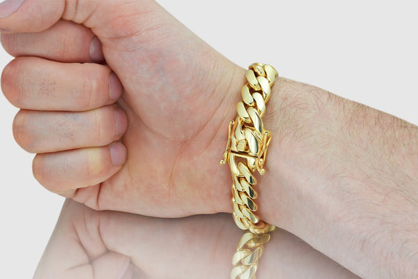 15mm Solid Miami Cuban Bracelet 10k / 14k / 18k / 22k Yellow Gold | Uverly