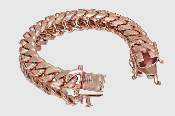 15mm Solid Miami Cuban Bracelet 10k / 14k / 18k / 22k Rose Pink Gold | Uverly