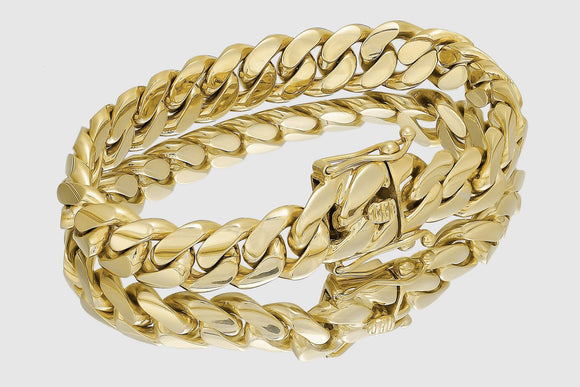 13mm Solid Miami Cuban Bracelet 10k / 14k / 18k / 22k Yellow Gold | Uverly