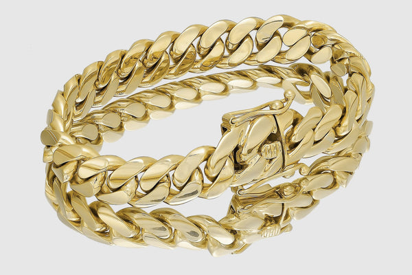 13mm Solid Miami Cuban Bracelet 10k / 14k / 18k / 22k Yellow Gold | Uverly