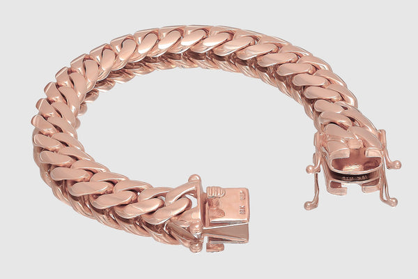 13mm Solid Miami Cuban Bracelet 10k / 14k / 18k / 22k Rose (Pink) Gold | Uverly
