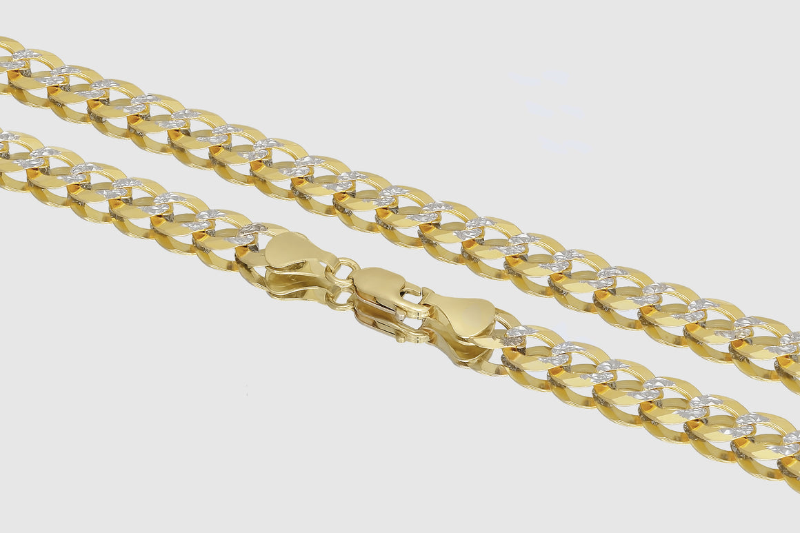 14k White Pave Two Tone Cuban Curb Solid Yellow Gold Necklace