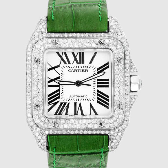 Diamond Cartier Santos 100 Stainless Steel Black Band Watch 11.8ct. | Uverly