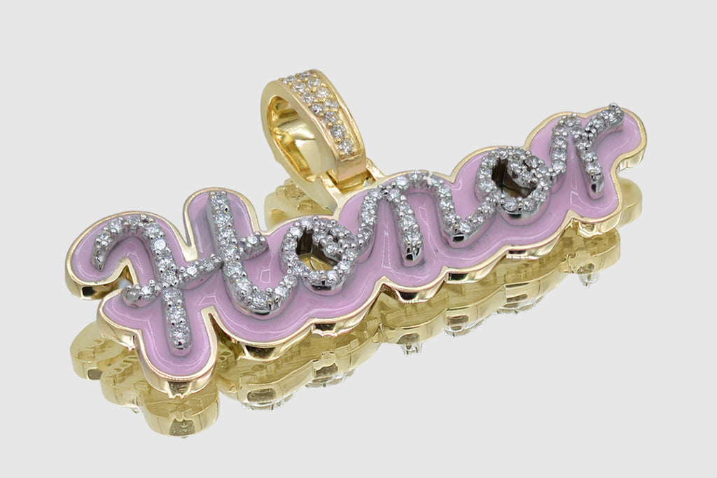 Custom 3D Two Tone Gold Diamond Enamel Name Pendant Uverly 18K Gold 12