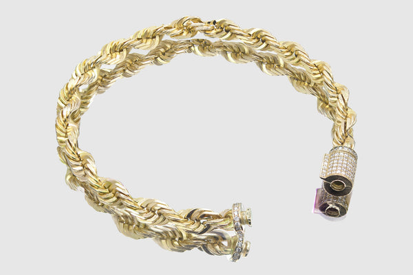 6mm 14k Solid Gold Rope Diamond Lock Bracelet