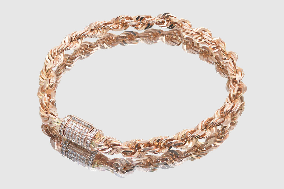 6mm 14k Solid Gold Rope Diamond Lock Bracelet