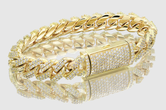 13mm Diamond Solid Yellow Gold Miami Cuban Prong Set Bracelet 10k/ 14k/ 18k | Uverly
