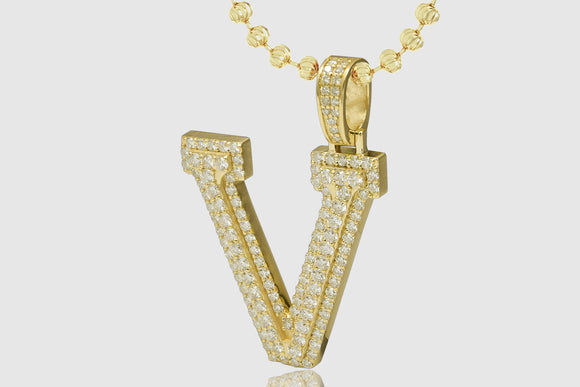 14k or 18k Yellow Gold Large Straight Letter V Diamond Pendant