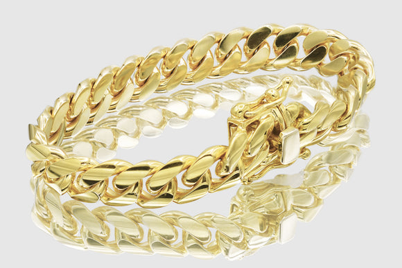 11mm Solid Miami Cuban Bracelet 10k / 14k / 18k / 22k Yellow Gold | Uverly