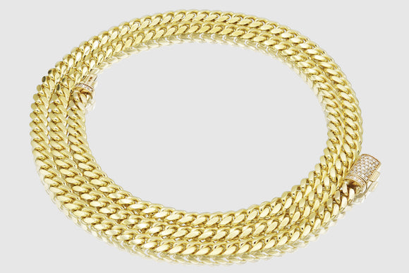 5mm Solid Miami Cuban 10k / 14k / 18k Yellow Gold Diamond Lock Necklace | Uverly