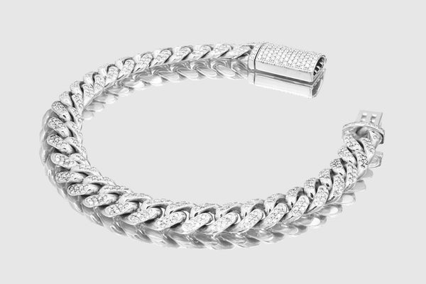 9mm Diamond 14k Solid White Gold Miami Cuban Pave Bracelet