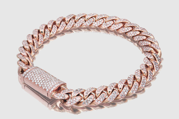 9mm Diamond 14k Solid Rose Gold Miami Cuban Pave Bracelet