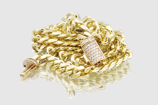 5mm Solid Miami Cuban 10k / 14k / 18k Yellow Gold Diamond Lock Necklace | Uverly