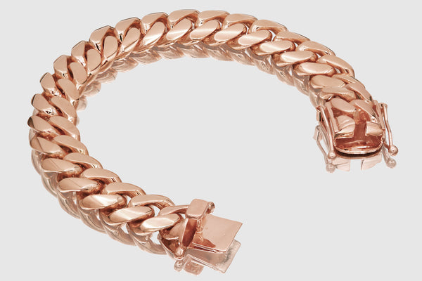 16mm Solid Miami Cuban Bracelet 10k / 14k / 18k / 22k Rose Pink Gold| Uverly