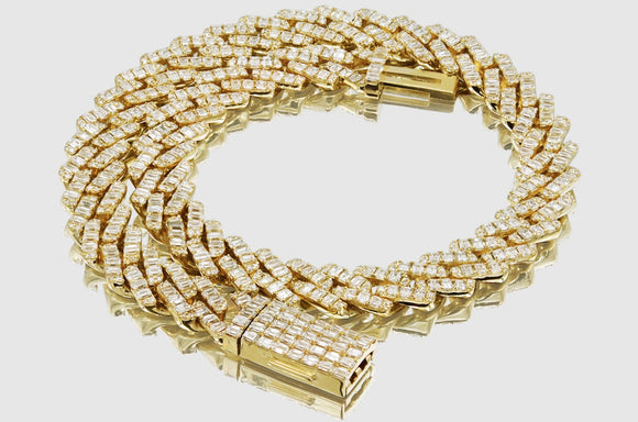 14mm Yellow Gold Miami Cuban Emerald Cut Diamond Necklace | Uverly