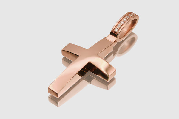 Diamond Bail Cross Gold Pendant in 14k or 18k Rose Pink Gold | Uverly