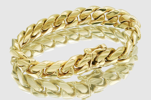 14mm 14K Miami Cuban Yellow Gold Semi-Solid Bracelet | Uverly