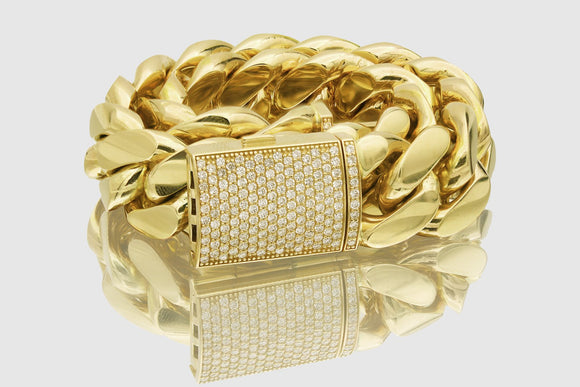 18mm Solid Miami Cuban Diamond Lock Necklace 10k / 14k / 18k / 22k Yellow Gold | Uverly