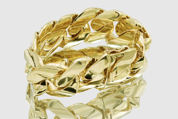 32mm 14K Miami Cuban Yellow Gold Semi-Solid Flat Bracelet | Uverly