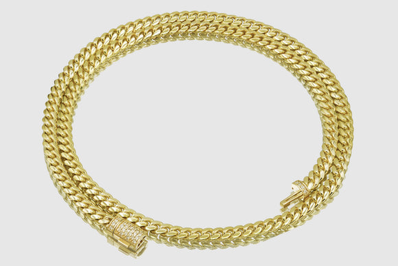4mm Solid Miami Cuban 10k / 14k Yellow Gold Diamond Lock Necklace | Uverly