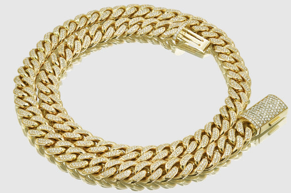 10mm Diamond Solid Yellow Gold Miami Cuban Pave Necklace