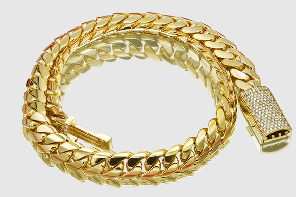 12mm Solid Miami Cuban 10k / 14k / 18k / 22k Yellow Gold Diamond Lock Necklace | Uverly