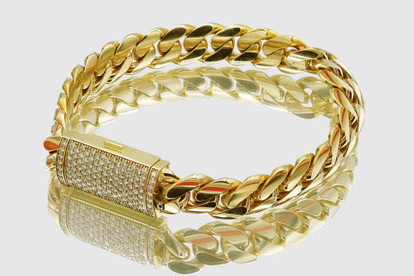 12mm Solid Miami Cuban Diamond Lock Bracelet 10k / 14k / 18k / 22k Yellow Gold | Uverly
