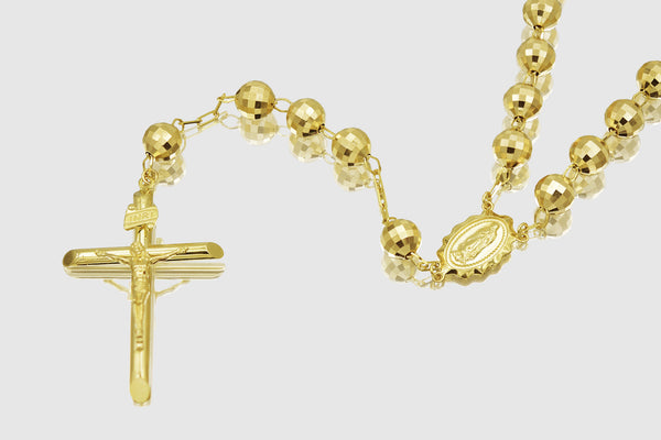 8mm 14K Rosary Shiny Diamond Cut Yellow Gold Necklace | Uverly