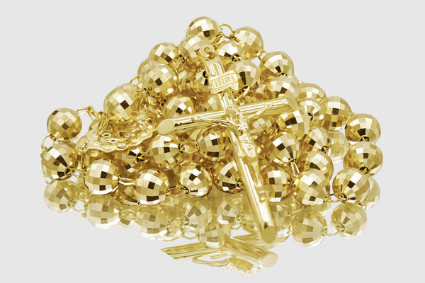 8mm 14K Rosary Shiny Diamond Cut Yellow Gold Necklace | Uverly