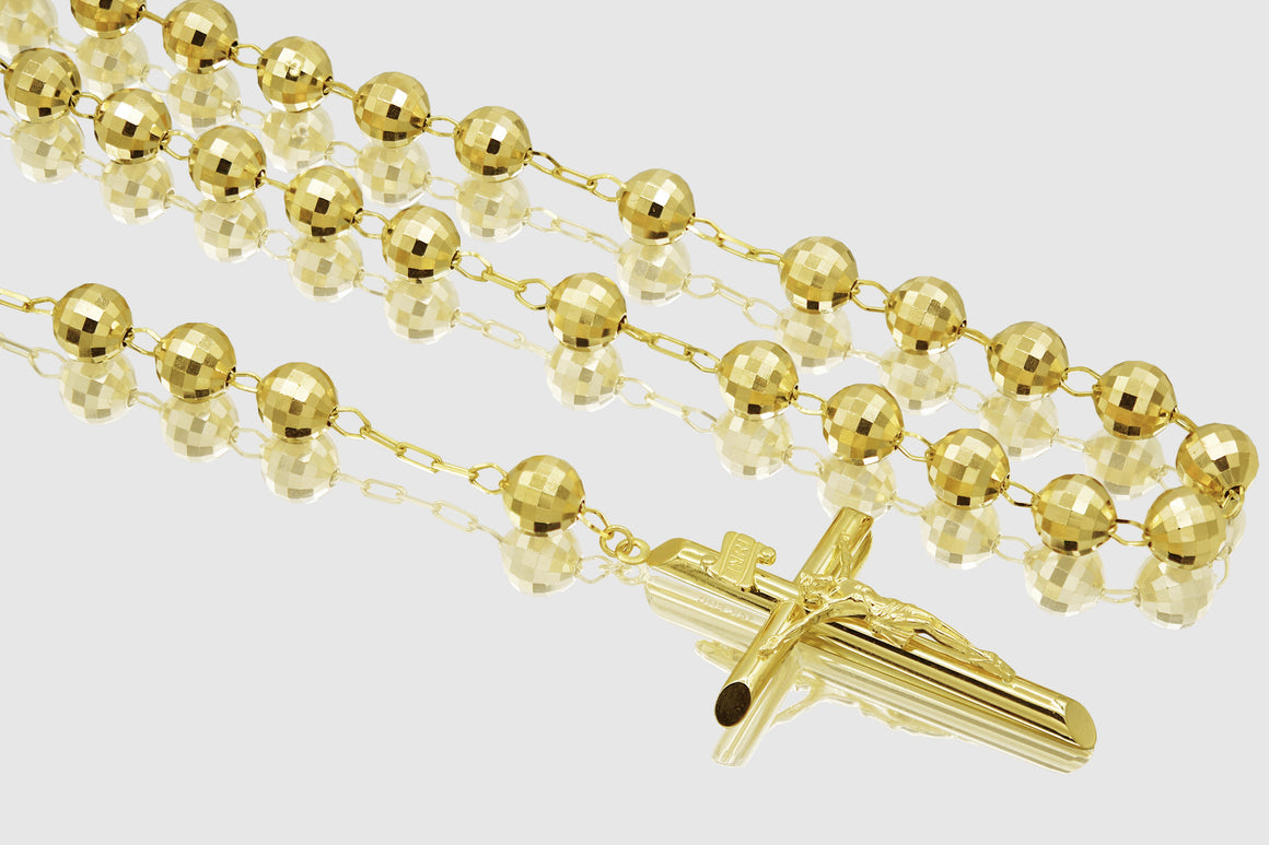 8mm 14K Rosary Shiny Diamond Cut Yellow Gold Necklace | Uverly
