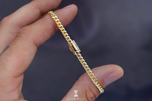 4mm Solid Miami Cuban Bracelet 10k / 14k Yellow Gold Barrel Lock | Uverly