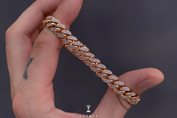 9mm Diamond 14k Solid Rose Pink Gold Miami Cuban Pave Bracelet