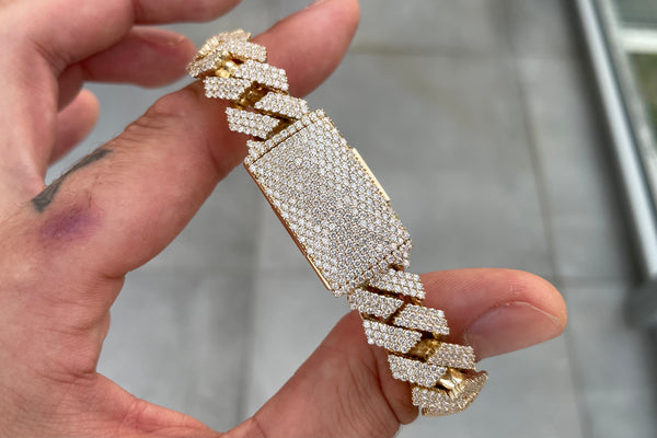 15mm 3-Row Diamond Miami Cuban Prong Set Yellow Gold Bracelet 10k/14k | Uverly