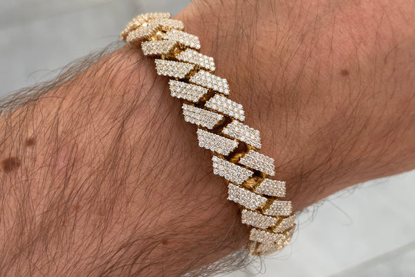 15mm 3-Row Diamond Miami Cuban Prong Set Yellow Gold Bracelet 10k/14k | Uverly