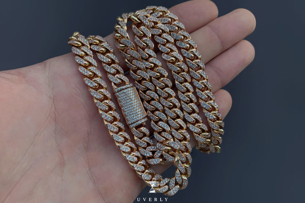 9mm Diamond 14k Solid Rose Pink Gold Miami Cuban Pave Necklace