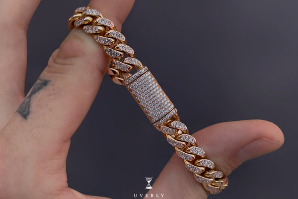9mm Diamond 14k Solid Rose Pink Gold Miami Cuban Pave Bracelet