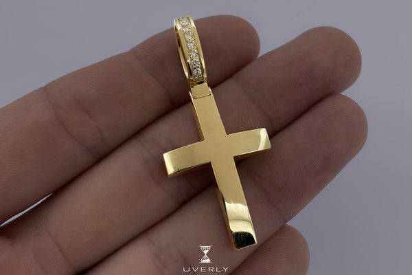 Diamond Bail Cross Gold Pendant in 14k or 18k Yellow Gold | Uverly