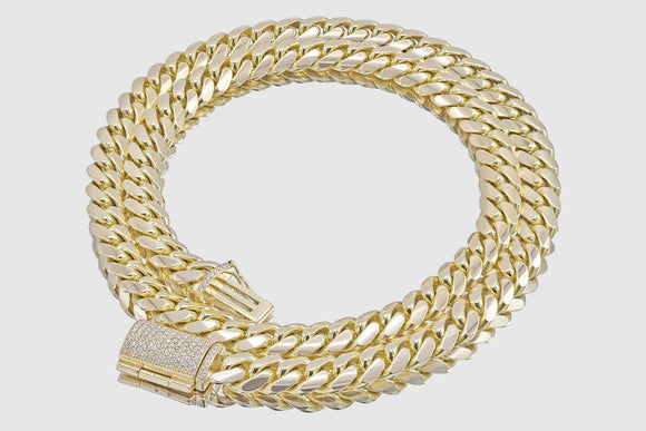 10mm 10k / 14k / 18k / 22k Solid Yellow Gold Miami Cuban Diamond Lock Necklace | Uverly