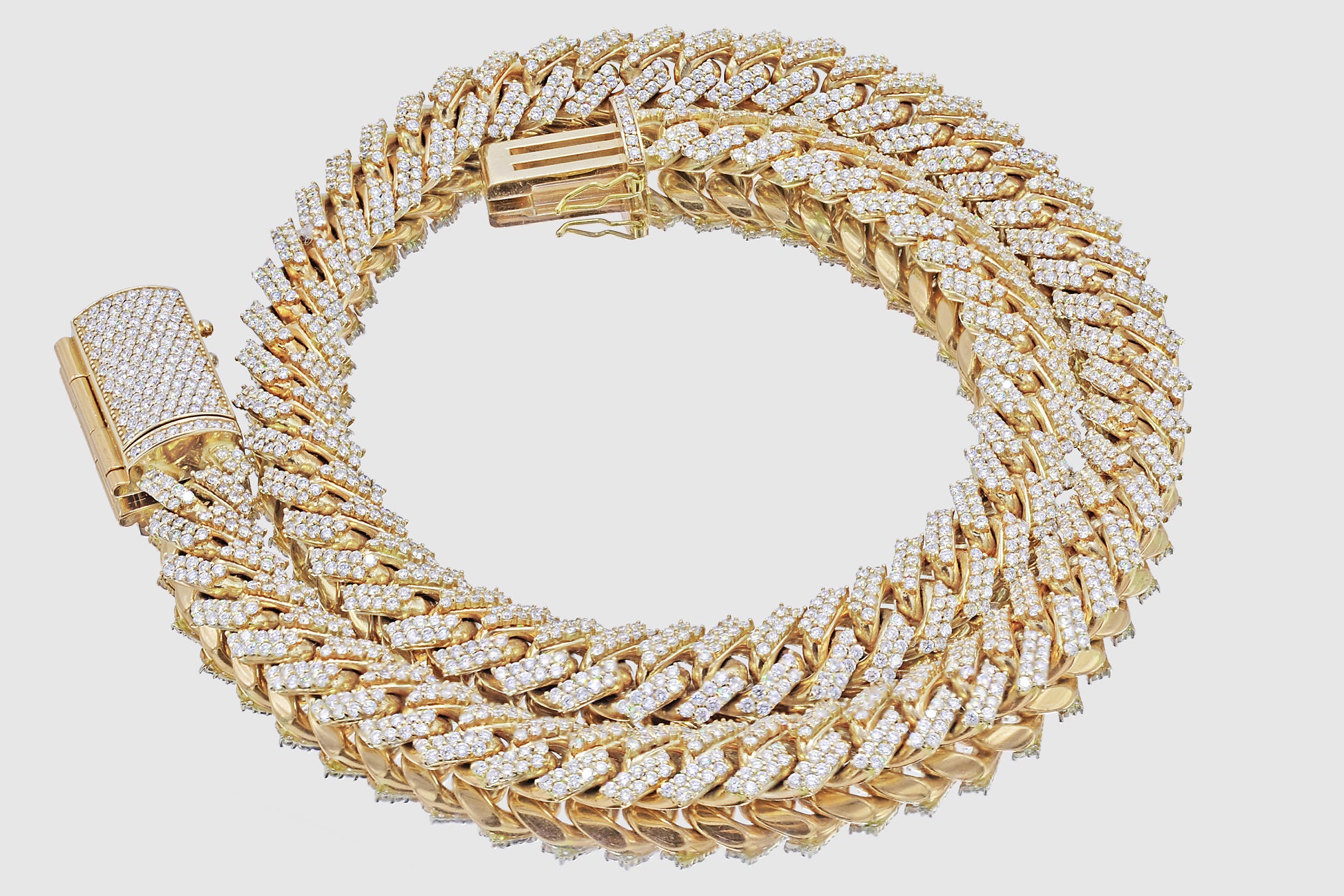 13mm Solid Gold Miami Cuban Diamond Prong Set Necklace Uverly